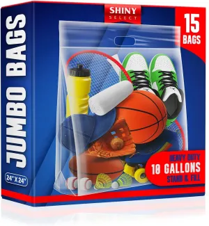 10 Gallon Jumbo Storage Bag w/Handle, Resealable Zipper Top 24x24, 15 Bags – Clear Big Plastic, Extra Large XL, 4 Mil Thick Heavy Duty for Linens, Baby Items, Documents, Sports Equipment