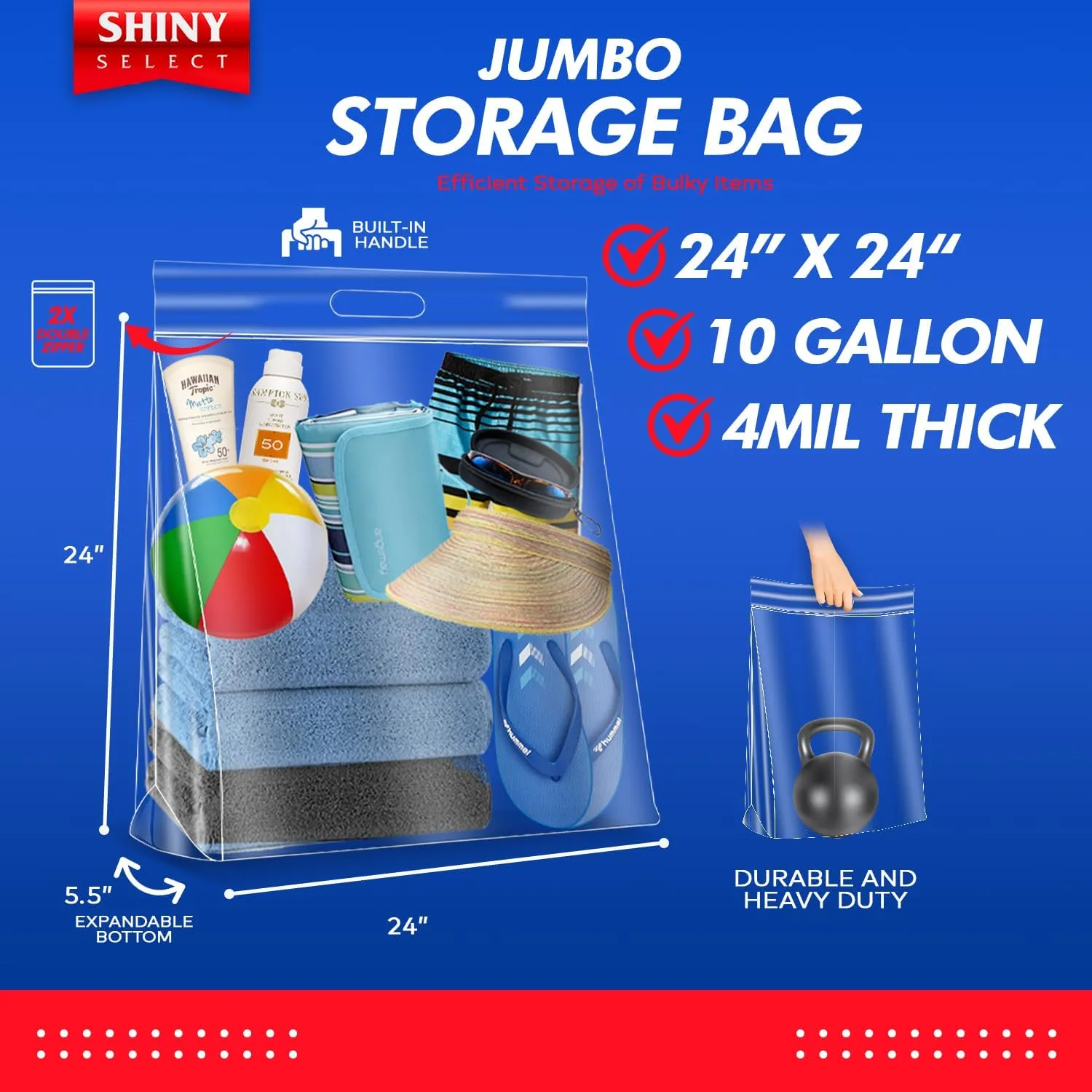 10 Gallon Jumbo Storage Bag w/Handle, Resealable Zipper Top 24x24, 15 Bags – Clear Big Plastic, Extra Large XL, 4 Mil Thick Heavy Duty for Linens, Baby Items, Documents, Sports Equipment