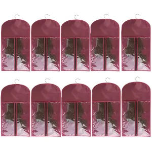 10 Packs Portable Wig Hair Extension Storage Bag with Wooden Hangers Hairpieces Storage Holder Wigs Carrier Case for Daily Use & Travel (Wine red)