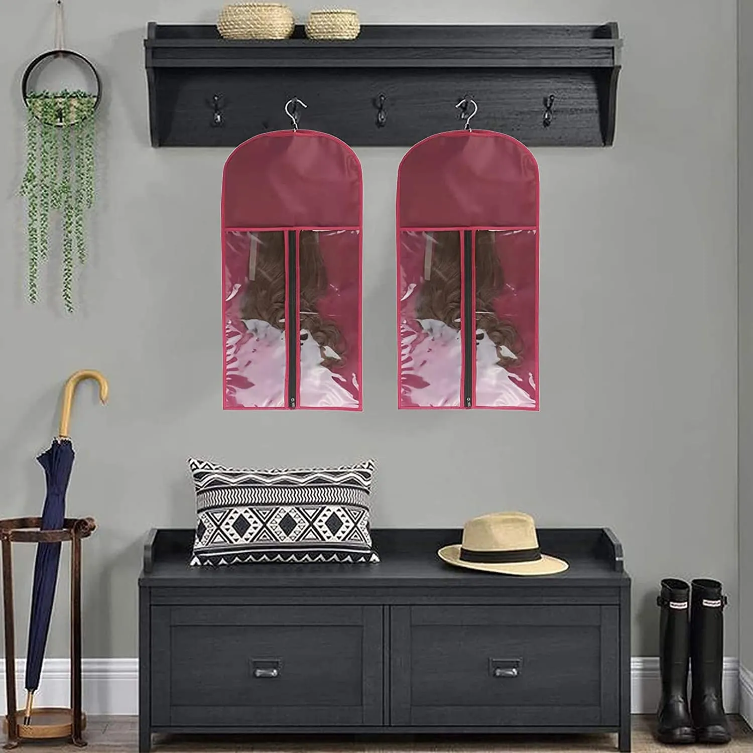 10 Packs Portable Wig Hair Extension Storage Bag with Wooden Hangers Hairpieces Storage Holder Wigs Carrier Case for Daily Use & Travel (Wine red)