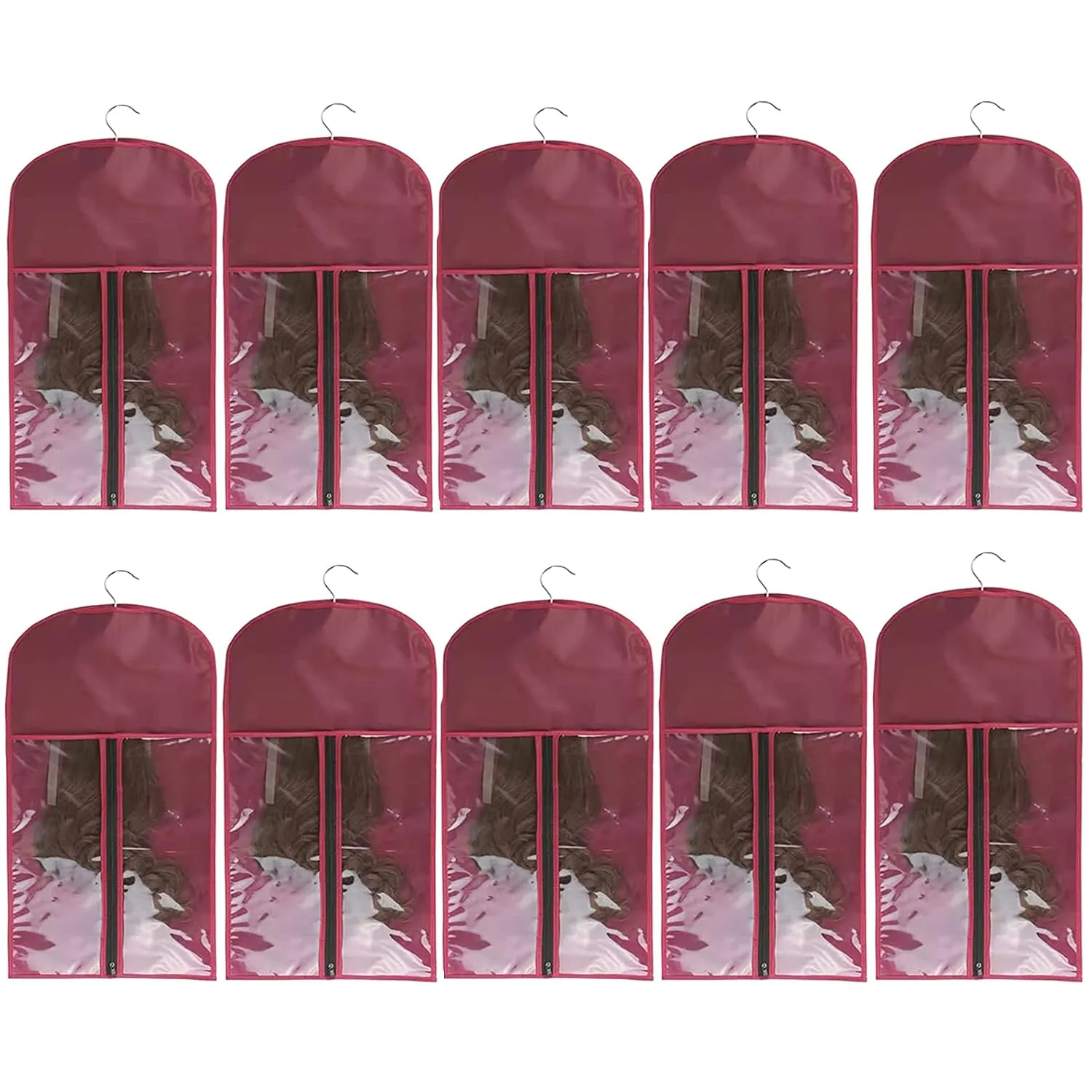 10 Packs Portable Wig Hair Extension Storage Bag with Wooden Hangers Hairpieces Storage Holder Wigs Carrier Case for Daily Use & Travel (Wine red)