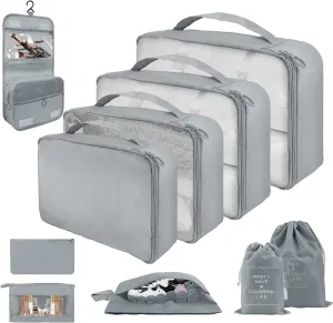 10 Set Packing Cubes for Travel, Lightweight Suitcase Luggage Organizer Bags, Travel Essentials Packing Organizers for Luggage, Packing Cubes for Carry On Suitcase in 4 Sizes with Shoe Bag, Grey