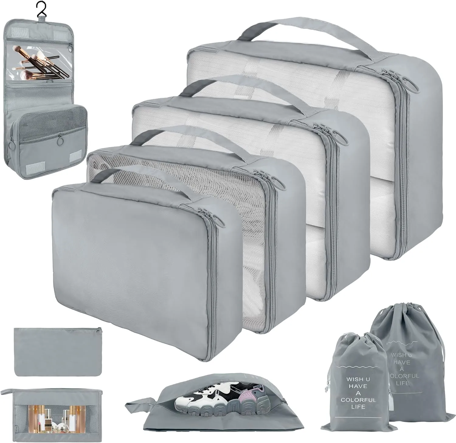 10 Set Packing Cubes for Travel, Lightweight Suitcase Luggage Organizer Bags, Travel Essentials Packing Organizers for Luggage, Packing Cubes for Carry On Suitcase in 4 Sizes with Shoe Bag, Grey