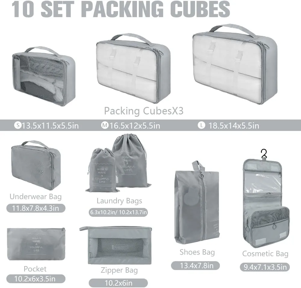 10 Set Packing Cubes for Travel, Lightweight Suitcase Luggage Organizer Bags, Travel Essentials Packing Organizers for Luggage, Packing Cubes for Carry On Suitcase in 4 Sizes with Shoe Bag, Grey