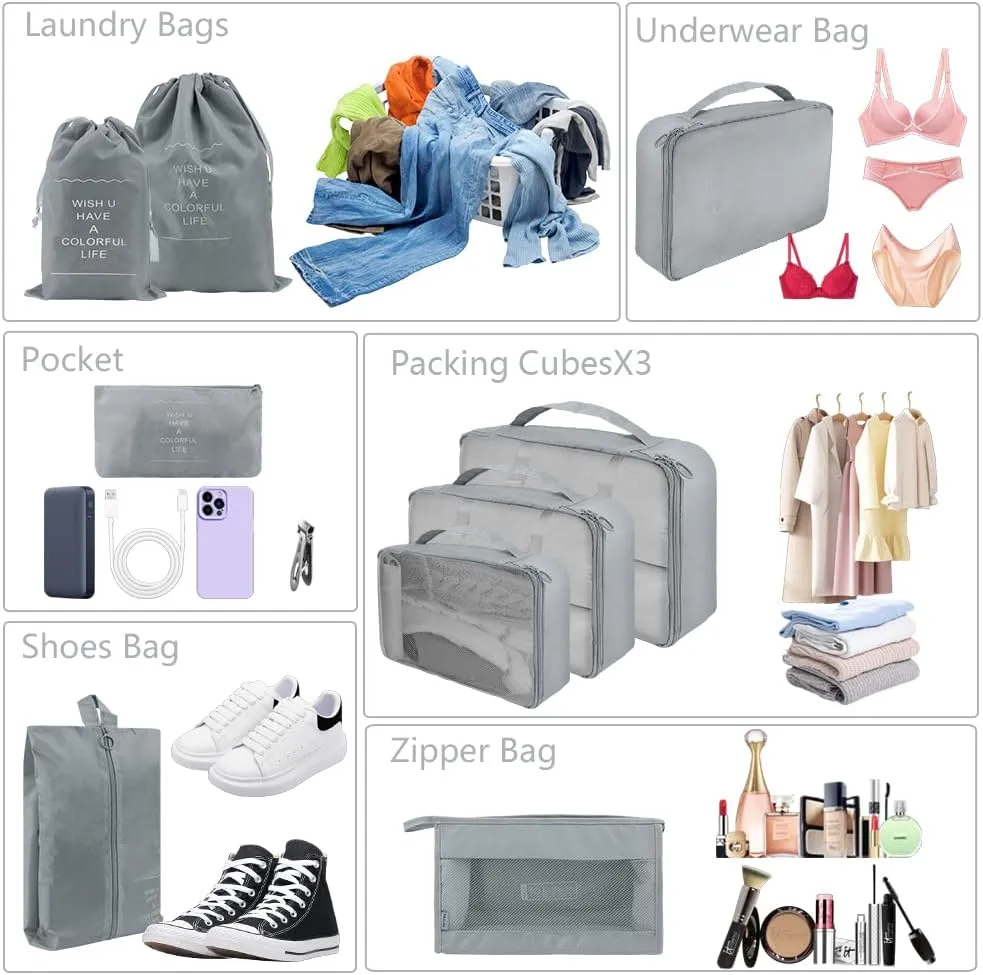 10 Set Packing Cubes for Travel, Lightweight Suitcase Luggage Organizer Bags, Travel Essentials Packing Organizers for Luggage, Packing Cubes for Carry On Suitcase in 4 Sizes with Shoe Bag, Grey