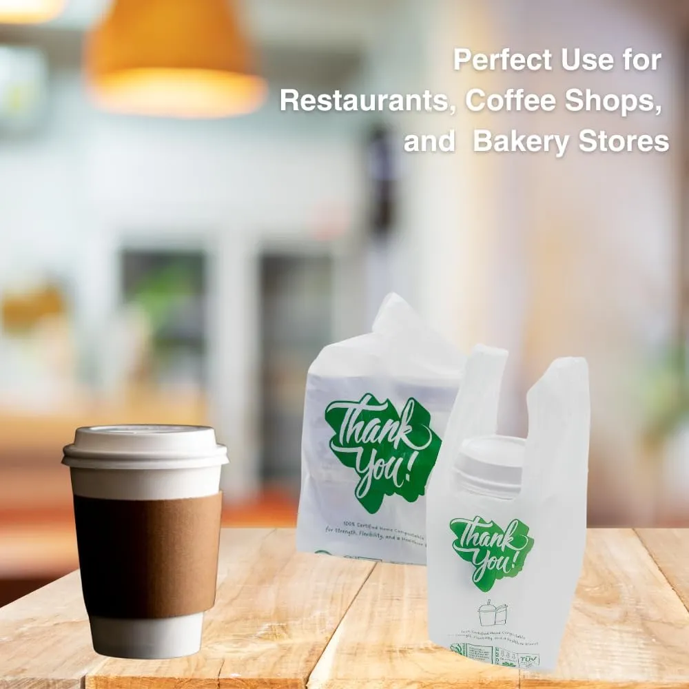100% Certified Home Compostable To-go bags with Handles,500 ct, Small, Hold 12 lbs, Thank You Bags, Take Out Bags T-Shirt Bags for Restaurants, Bakery Stores, White