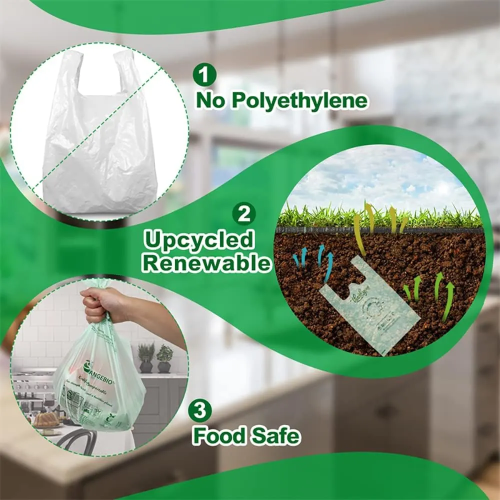 100% Certified Home Compostable To-go bags with Handles,500 ct, Small, Hold 12 lbs, Thank You Bags, Take Out Bags T-Shirt Bags for Restaurants, Bakery Stores, White