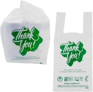 100% Certified Home Compostable To-go bags with Handles,500 ct, Small, Hold 12 lbs, Thank You Bags, Take Out Bags T-Shirt Bags for Restaurants, Bakery Stores, White