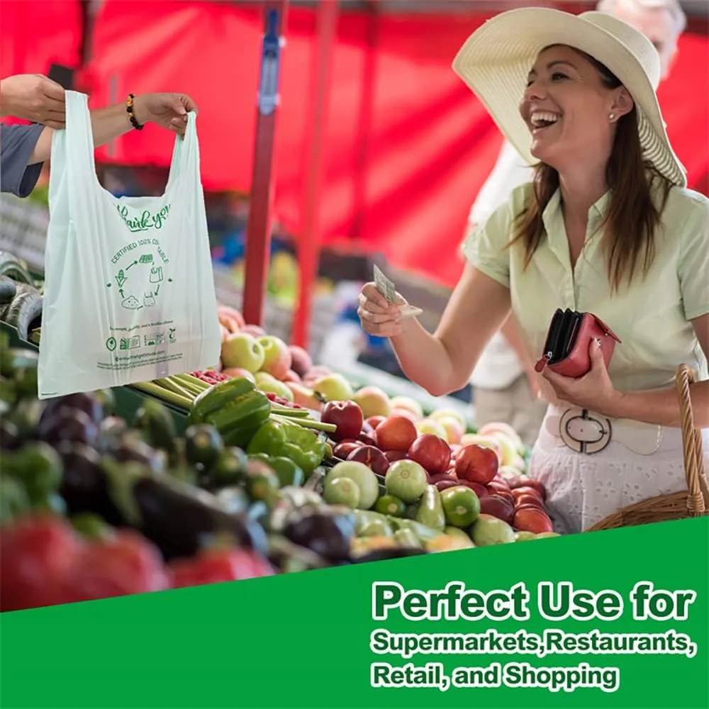 100% Certified Home Compostable To-go bags with Handles,500 ct, Small, Hold 12 lbs, Thank You Bags, Take Out Bags T-Shirt Bags for Restaurants, Bakery Stores, White