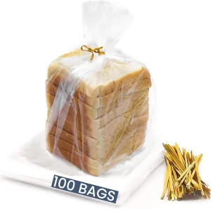 100 Clear Bread Bags with Ties - Adjustable & Reusable Bread Bags for Homemade Bread - Food Safe