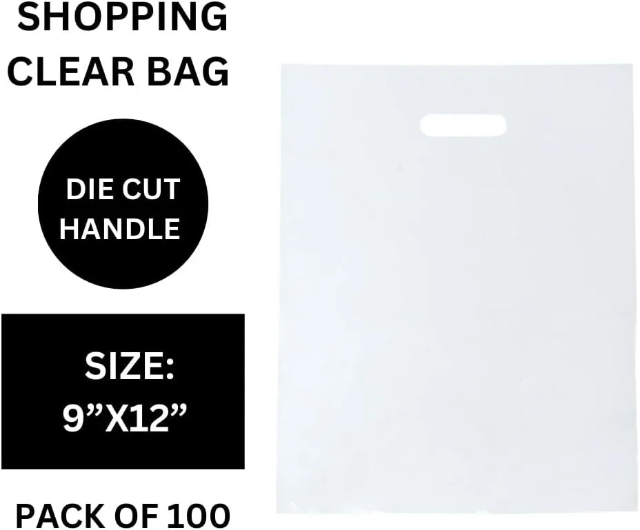 100 Clear Plastic Merchandise Bags With Handles 9"x12" 1.25Mil Thick Glossy Retail Shopping Bag for Small Business, Boutique, Clothing, Trade Show, and Gifts