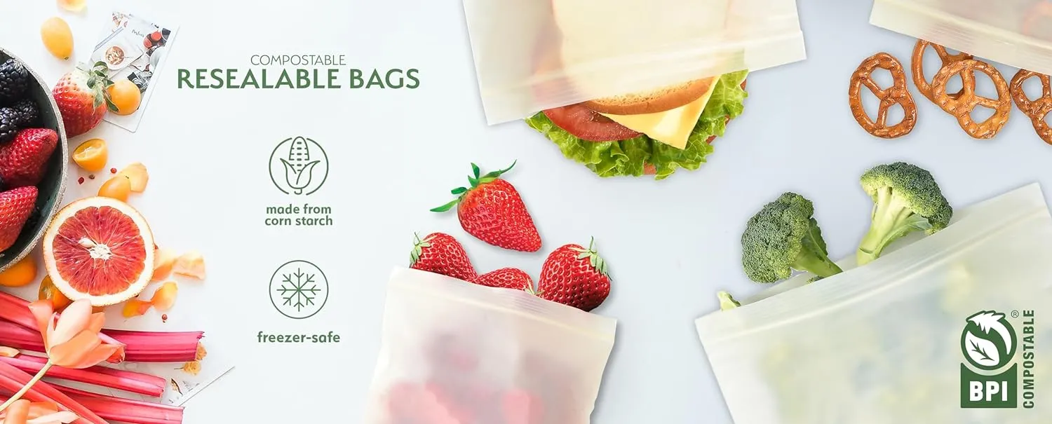 100% Compostable Food Storage Bags [Sandwich 150 Pack] Eco-Friendly Freezer Bags, Resealable Bags, Heavy-Duty, Reusable, by Earth's Natural Alternative, off white
