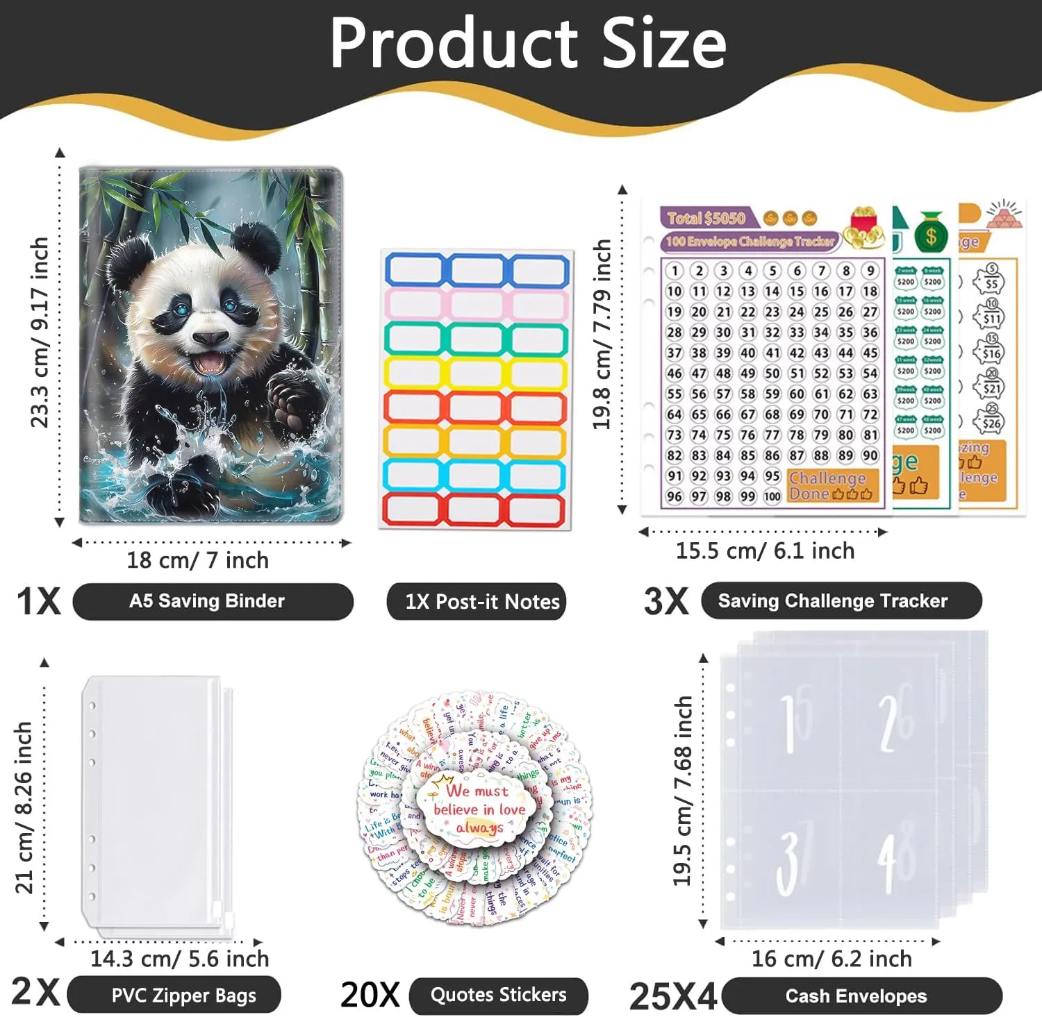 100 Envelopes Money Saving Challenge, A5 Budget Binder with Cash Envelopes & 3 Budgeting Planner Trackers to Save $5,050 Money ，Savings Challenge Book for Organizer, Panda in Water