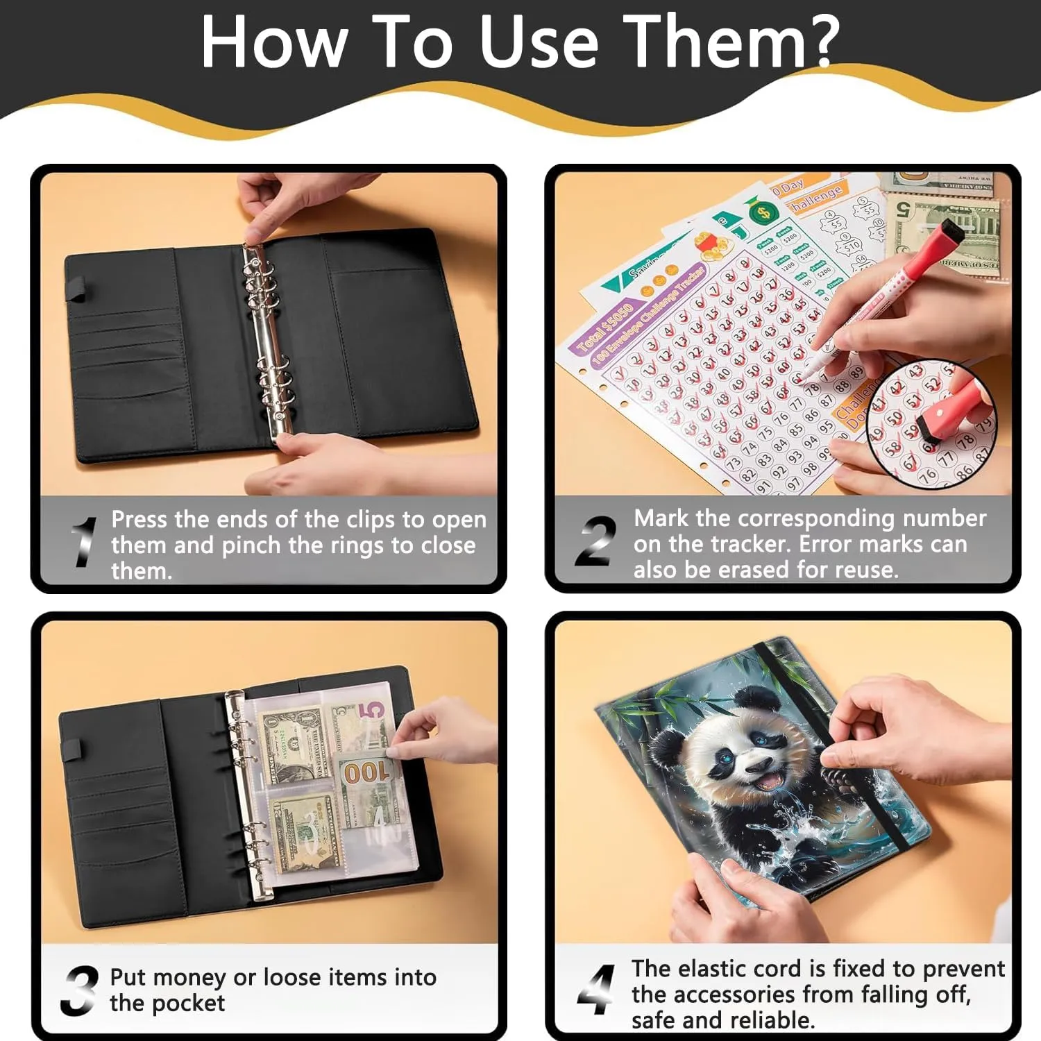 100 Envelopes Money Saving Challenge, A5 Budget Binder with Cash Envelopes & 3 Budgeting Planner Trackers to Save $5,050 Money ，Savings Challenge Book for Organizer, Panda in Water