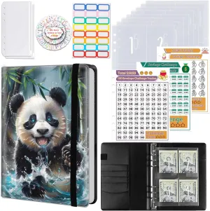 100 Envelopes Money Saving Challenge, A5 Budget Binder with Cash Envelopes & 3 Budgeting Planner Trackers to Save $5,050 Money ，Savings Challenge Book for Organizer, Panda in Water