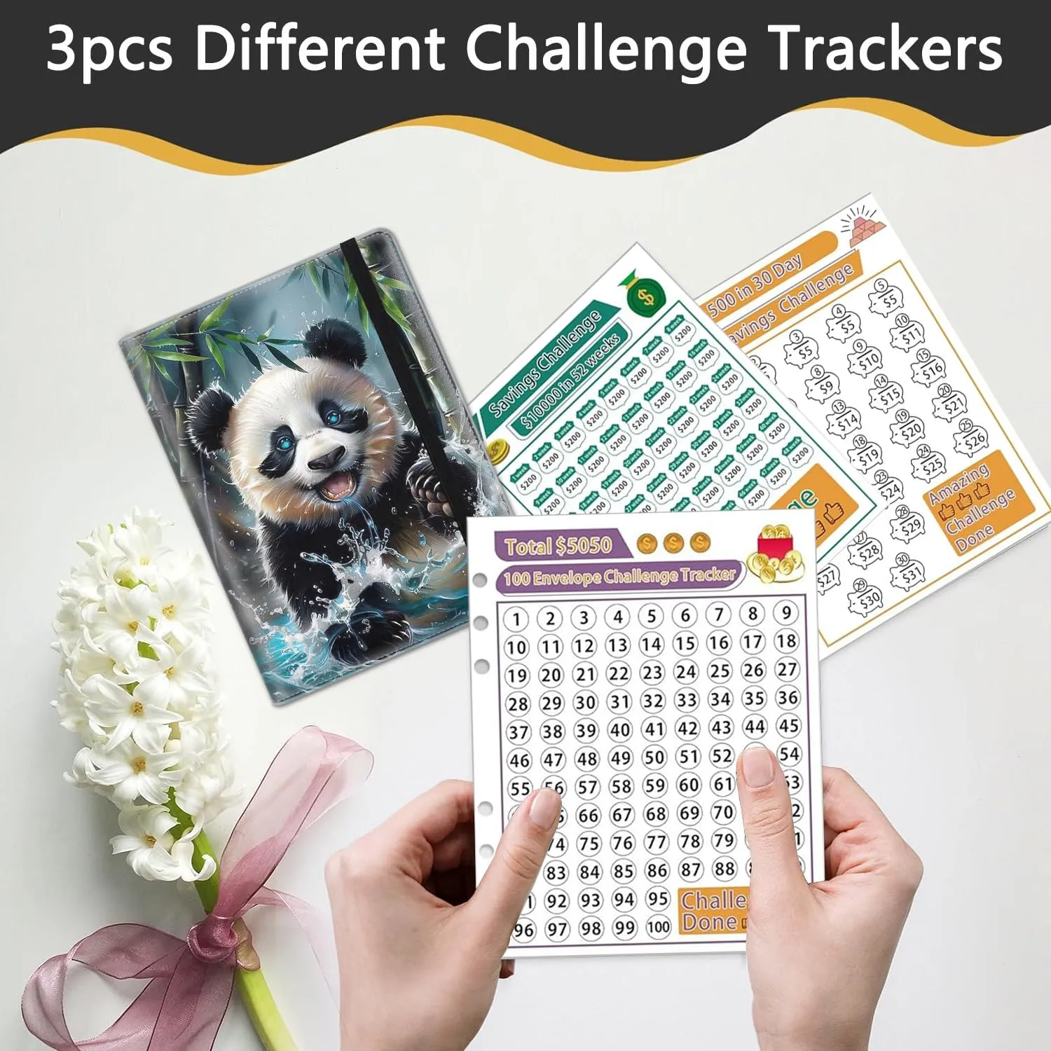 100 Envelopes Money Saving Challenge, A5 Budget Binder with Cash Envelopes & 3 Budgeting Planner Trackers to Save $5,050 Money ，Savings Challenge Book for Organizer, Panda in Water