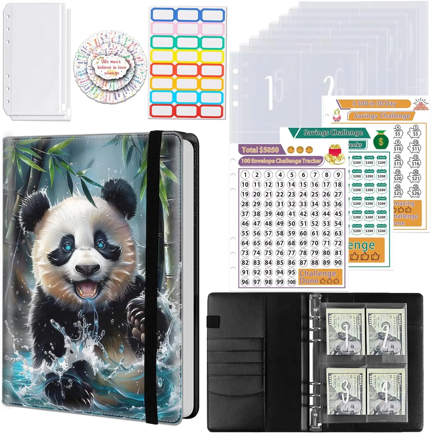 100 Envelopes Money Saving Challenge, A5 Budget Binder with Cash Envelopes & 3 Budgeting Planner Trackers to Save $5,050 Money ，Savings Challenge Book for Organizer, Panda in Water