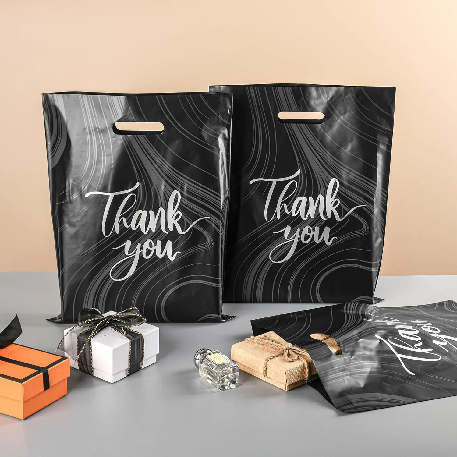 100 Pack Black Thank You Bags, Plastic Bags with Handles, 12 X 15 Inches (2.36 Mil Thickness) for Small Business, Boutique, Retail, Packaging Supplies to Hold Clothes