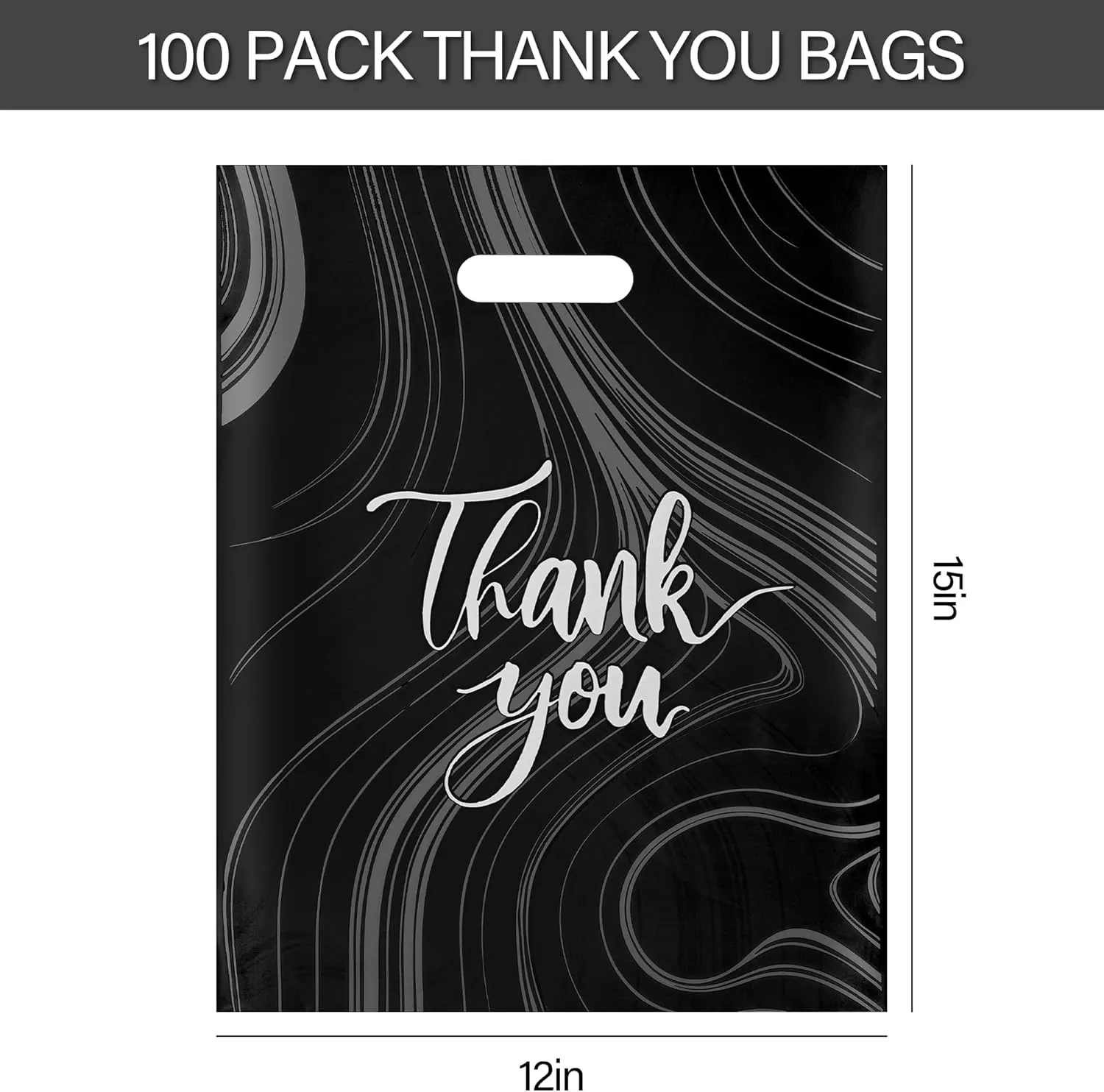 100 Pack Black Thank You Bags, Plastic Bags with Handles, 12 X 15 Inches (2.36 Mil Thickness) for Small Business, Boutique, Retail, Packaging Supplies to Hold Clothes