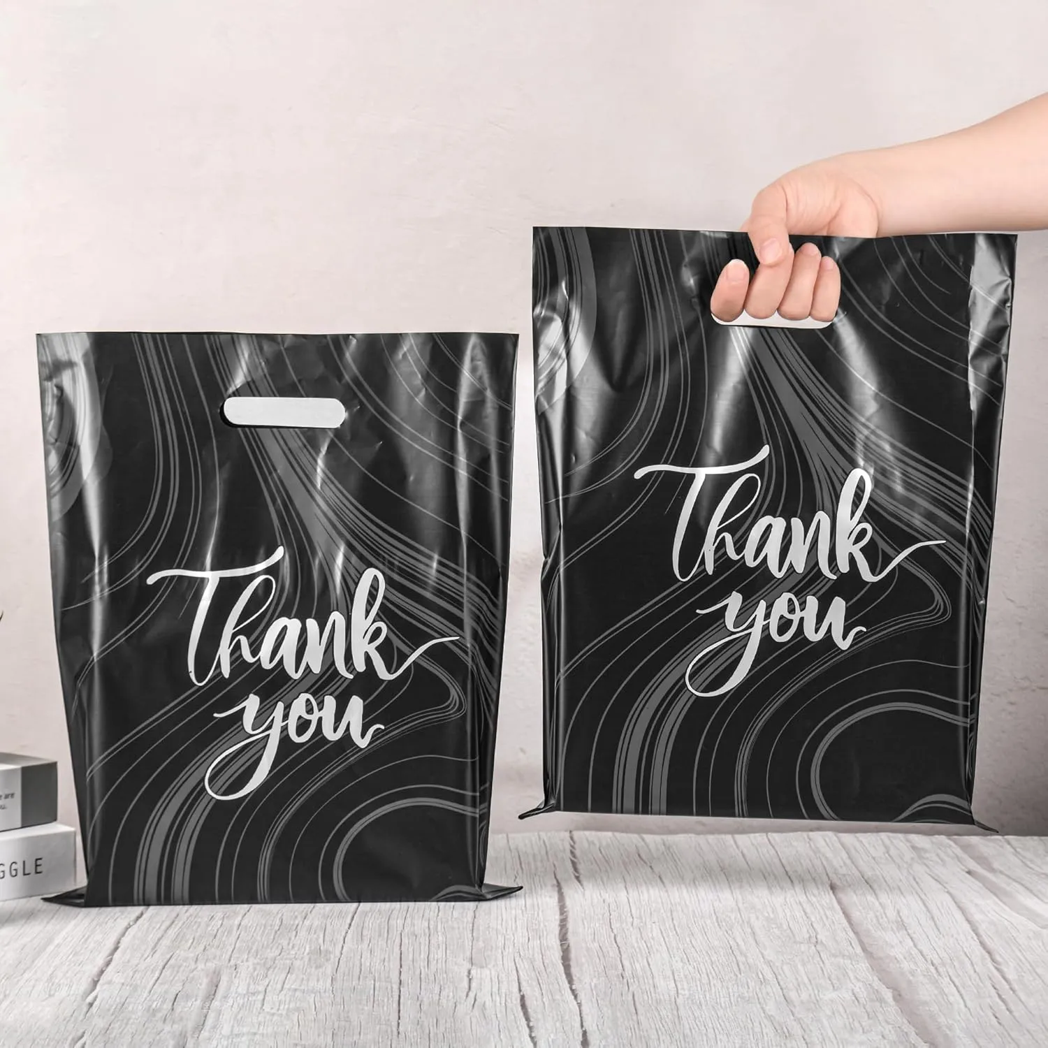 100 Pack Black Thank You Bags, Plastic Bags with Handles, 12 X 15 Inches (2.36 Mil Thickness) for Small Business, Boutique, Retail, Packaging Supplies to Hold Clothes