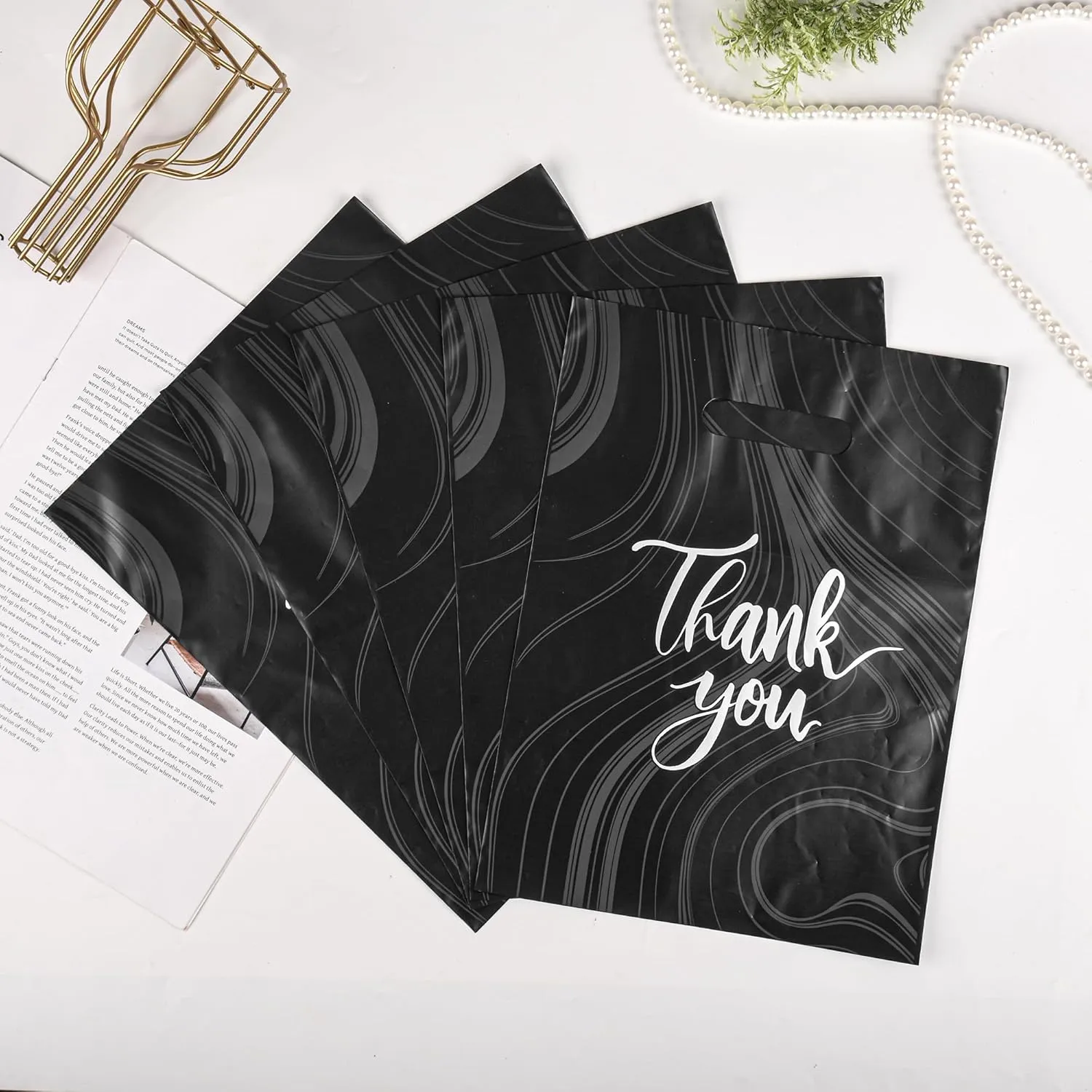 100 Pack Black Thank You Plastic Bags With Handles for Small Business, Merchandise Shopping, Packaging Supplies to Hold Clothes, Boutique, Retail - 9 X 12 Inches (2.36 Mil Thickness)