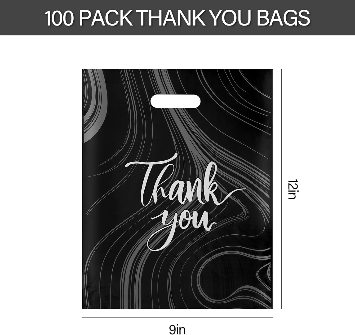 100 Pack Black Thank You Plastic Bags With Handles for Small Business, Merchandise Shopping, Packaging Supplies to Hold Clothes, Boutique, Retail - 9 X 12 Inches (2.36 Mil Thickness)
