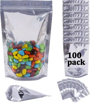 100 Pack Mylar Bags for Food Storage Resealable Aluminum Foil Clear Stand Up Pouch with Front Window 5.51×7.87 Inch Reusable Zipper Lock Food Packaging Heat Seal Bags for Small Business and Home