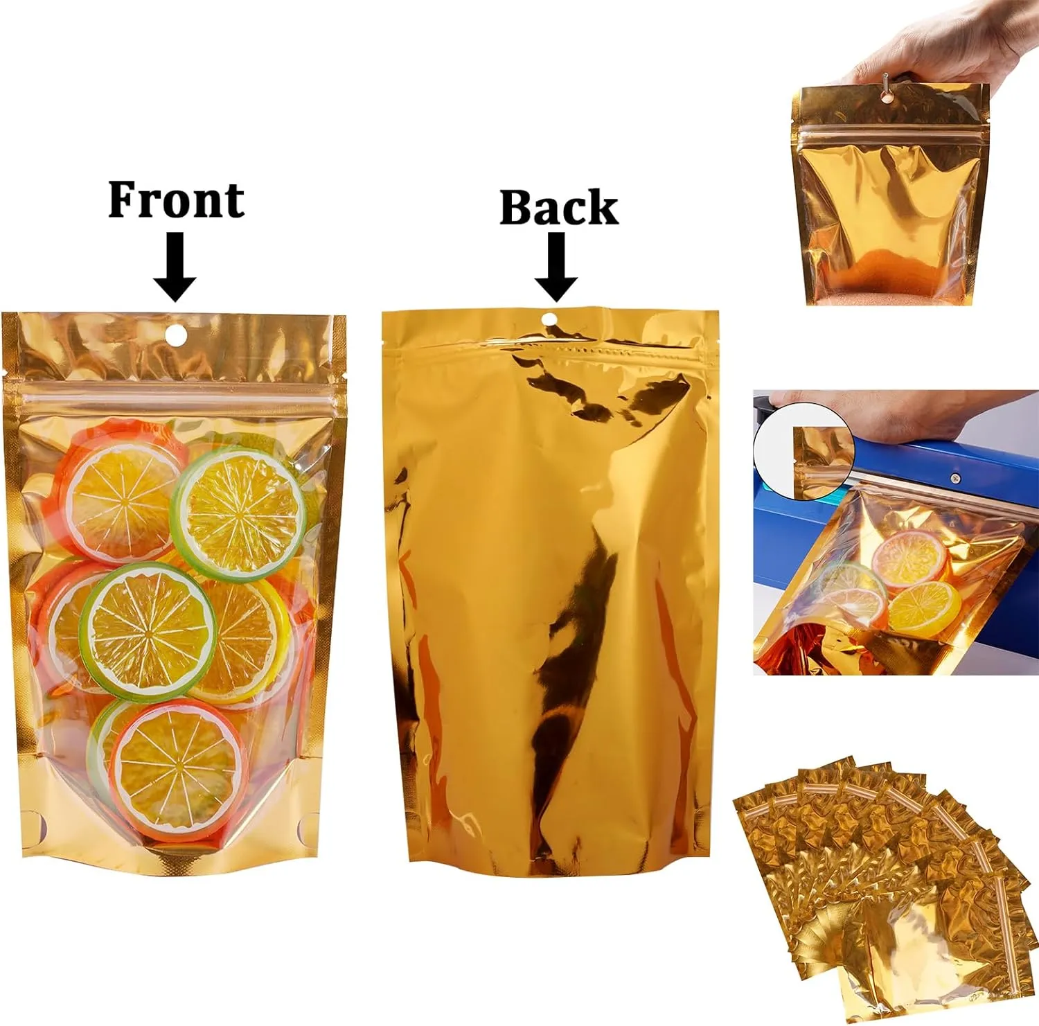 100 Pack Mylar Bags for Food Storage Resealable Aluminum Foil Stand Up Pouch with Window & Hang Hole 5.91×9.05 Inch Reusable Zipper Lock Food Packaging Heat Seal Bags for Small Business & Home - Gold