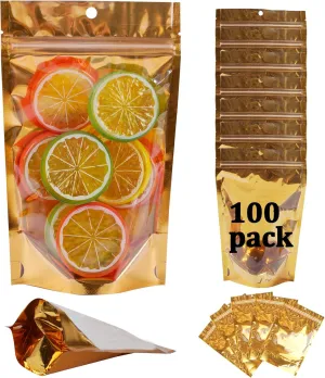 100 Pack Mylar Bags for Food Storage Resealable Aluminum Foil Stand Up Pouch with Window & Hang Hole 5.91×9.05 Inch Reusable Zipper Lock Food Packaging Heat Seal Bags for Small Business & Home - Gold