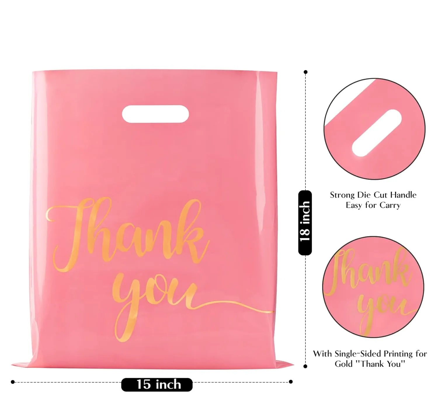 100 Pack Pink Thank You Shopping Bags for Small Business - 15"x18" Extra Thick 2.36 Mil Plastic Retail Thank You Bags with Handles for Stores, Boutique, Clothes, Business Gift