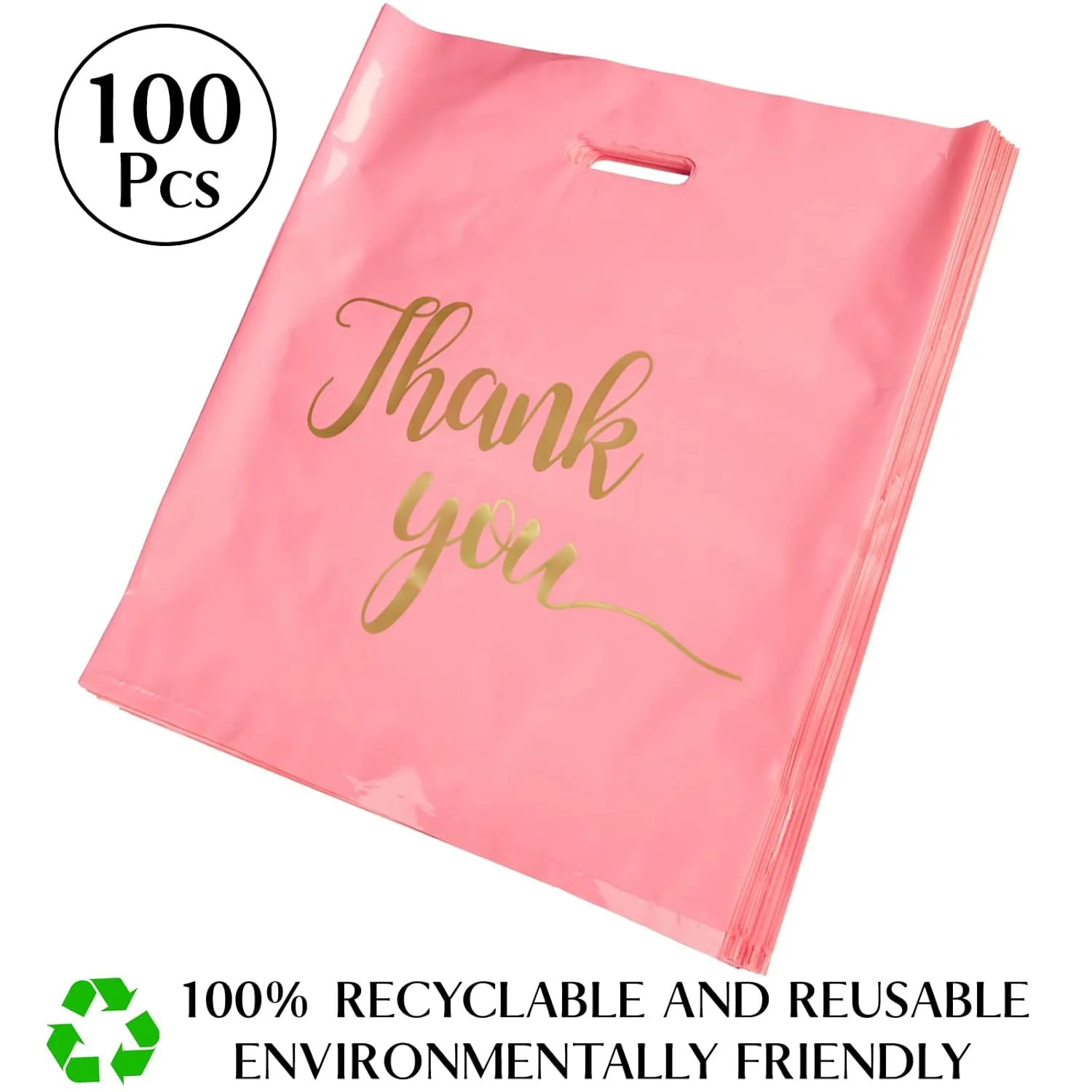 100 Pack Pink Thank You Shopping Bags for Small Business - 15"x18" Extra Thick 2.36 Mil Plastic Retail Thank You Bags with Handles for Stores, Boutique, Clothes, Business Gift