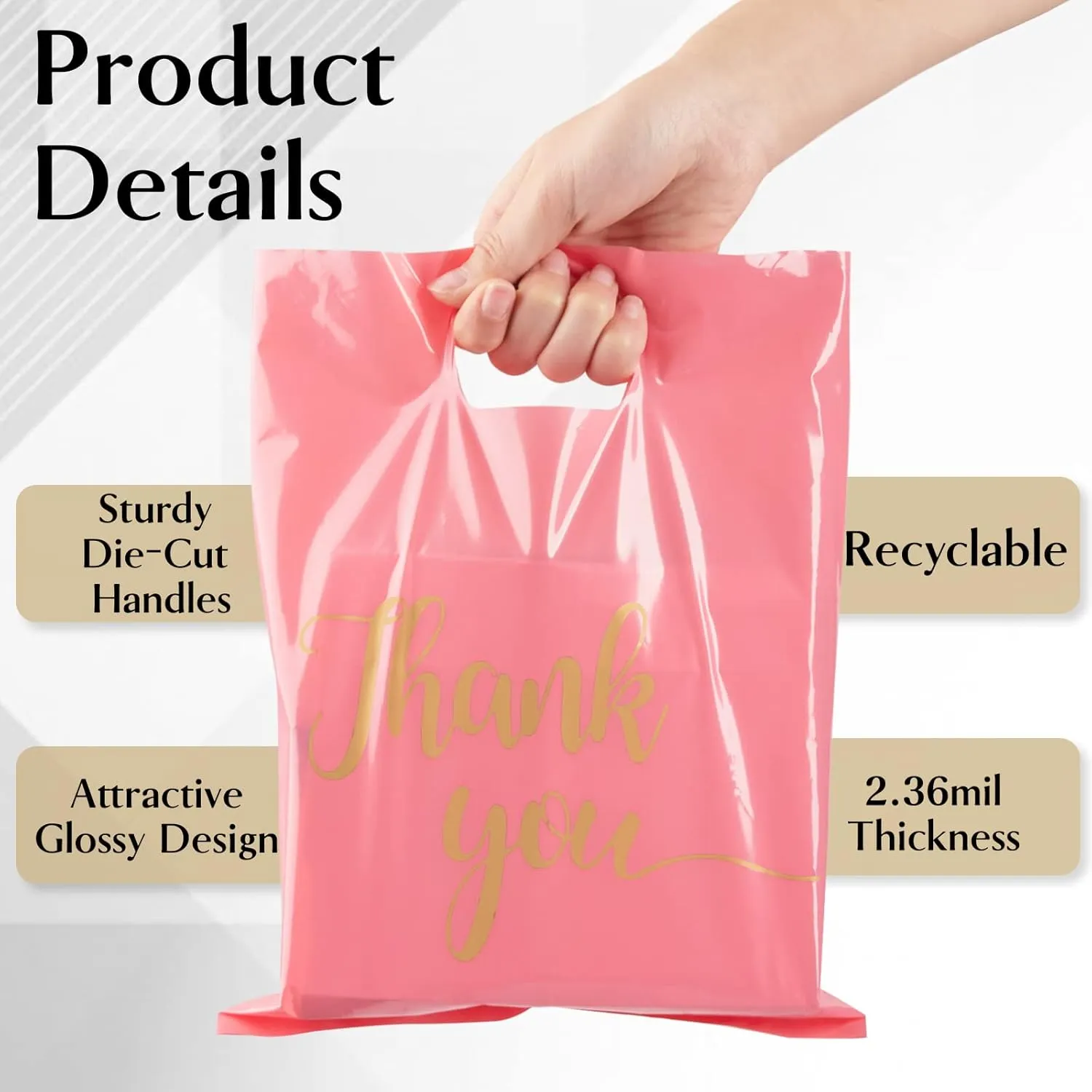 100 Pack Pink Thank You Shopping Bags for Small Business - 15"x18" Extra Thick 2.36 Mil Plastic Retail Thank You Bags with Handles for Stores, Boutique, Clothes, Business Gift
