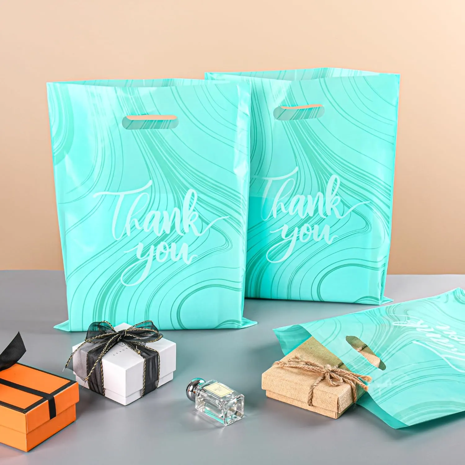 100 Pack Teal Thank You Bags - Plastic Bags with Handles, 12 x 15 Inches (2.36 Mil Thickness), Ideal for Small Business, Boutique, Retail Packaging