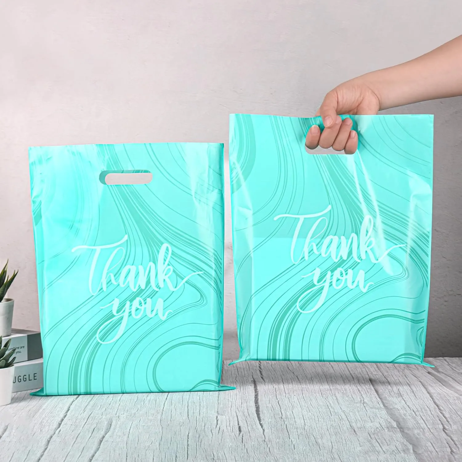 100 Pack Teal Thank You Bags - Plastic Bags with Handles, 12 x 15 Inches (2.36 Mil Thickness), Ideal for Small Business, Boutique, Retail Packaging
