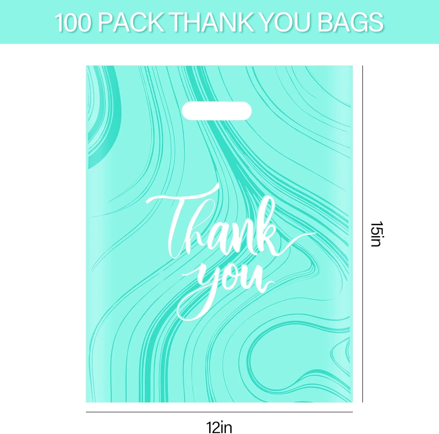 100 Pack Teal Thank You Bags - Plastic Bags with Handles, 12 x 15 Inches (2.36 Mil Thickness), Ideal for Small Business, Boutique, Retail Packaging