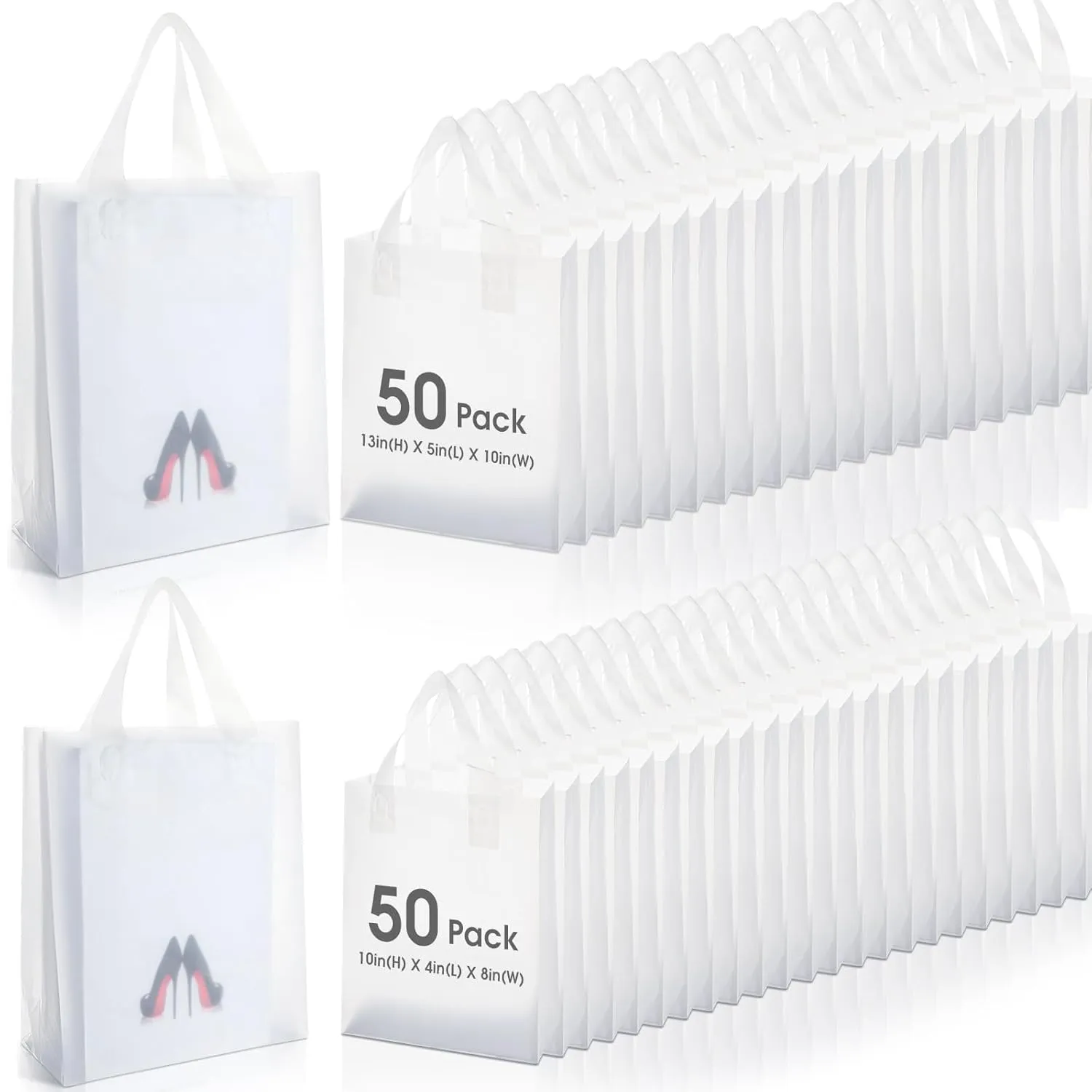100 Pcs 2.5 Mil Thick Clear Frosted Plastic Bags with Handles Plastic Gift Boutique Shopping Bags Bulk with Cardboard Bottom for Small Business Retail Merchandise 2 Sizes