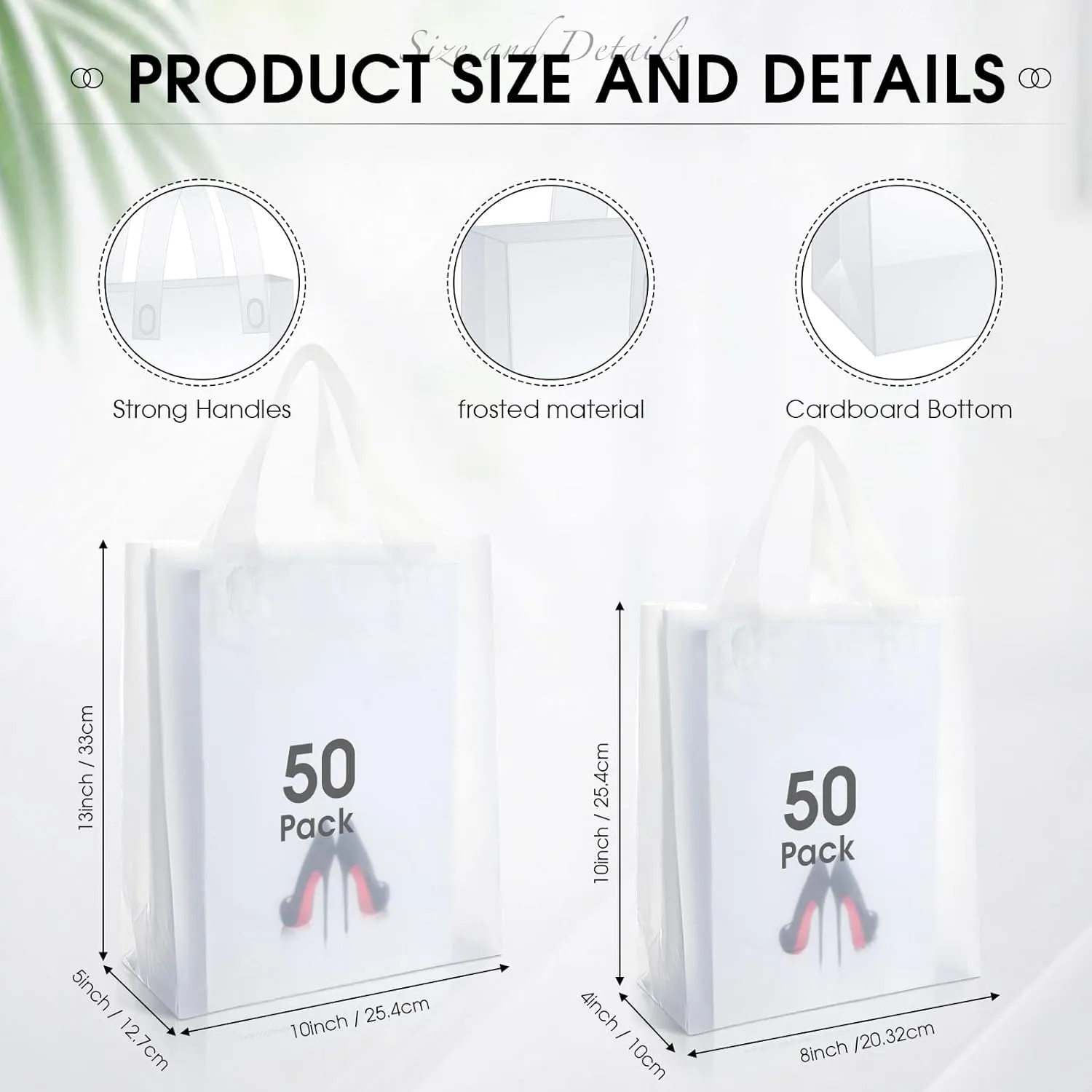 100 Pcs 2.5 Mil Thick Clear Frosted Plastic Bags with Handles Plastic Gift Boutique Shopping Bags Bulk with Cardboard Bottom for Small Business Retail Merchandise 2 Sizes