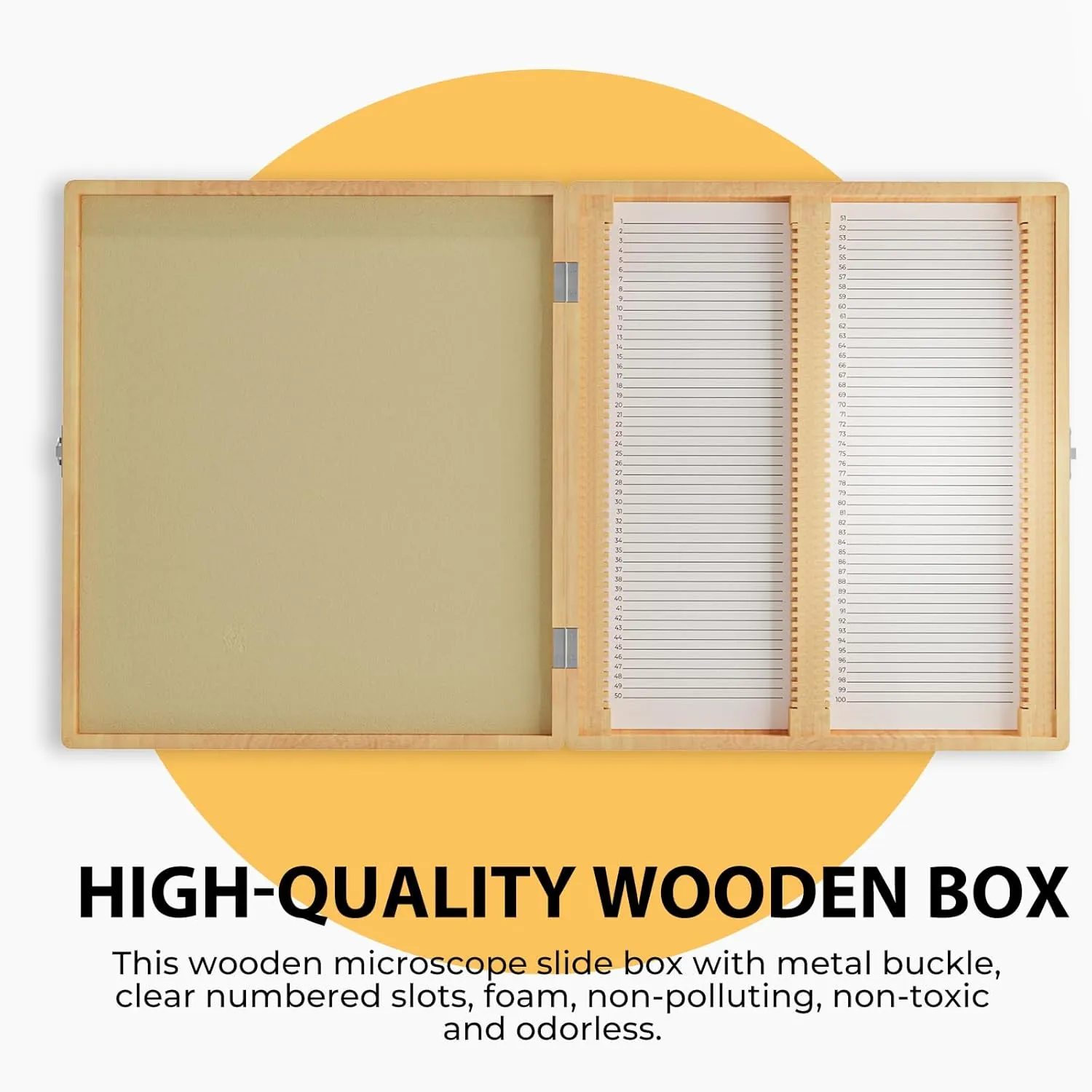 100 Place Microscope Slide Wooden Box, Vabiooth Hinged Storage Microscope Slide Holder Case with Cork Lining and Clasp
