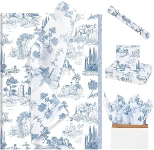 100 Sheets 20 * 14 Inches Vintage French Tissue Paper for Gift Wrapping Blue White Village Toile Tissue Paper for Gift Bags Rustic Tissue Paper for Wedding Bridal Shower DIY Craft