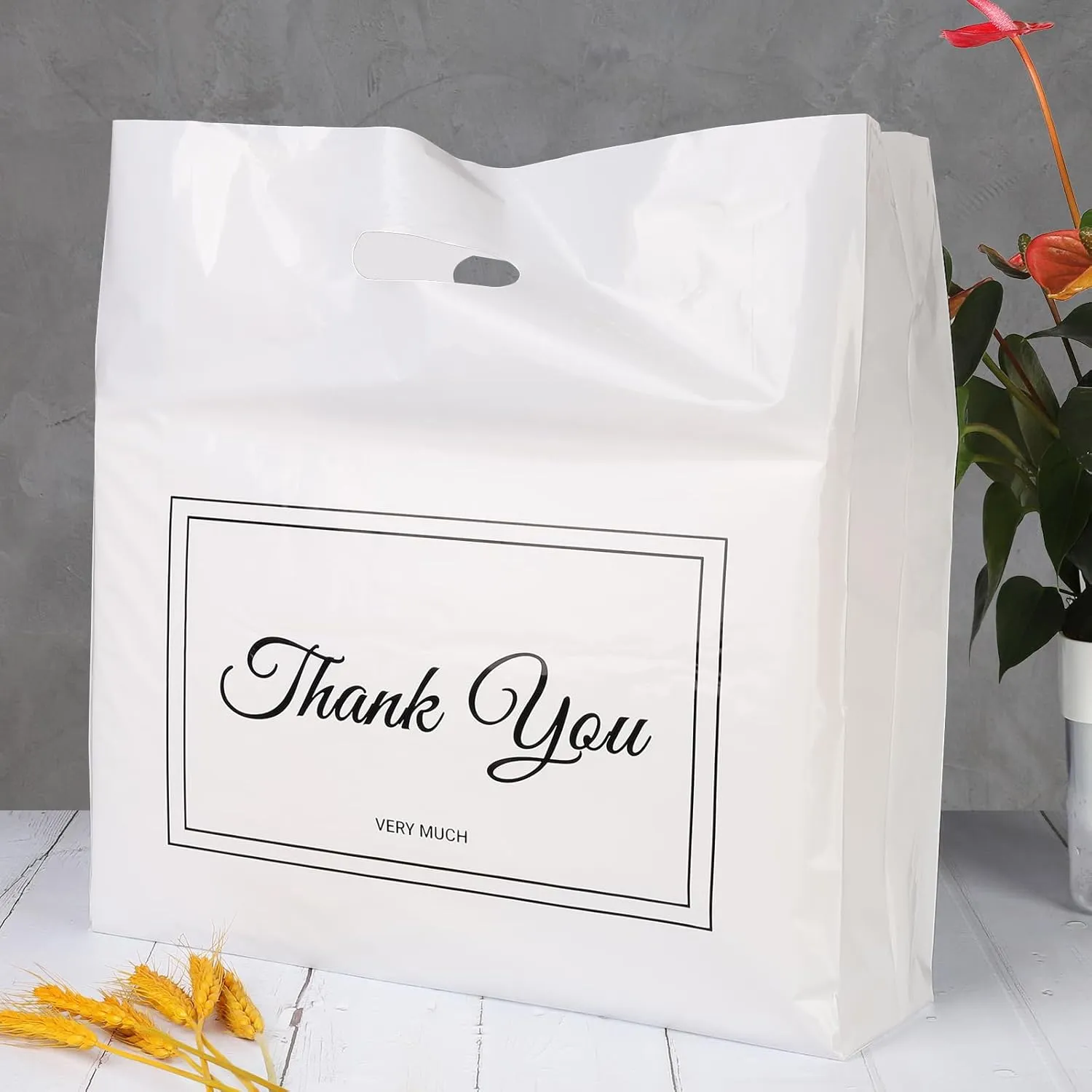 100Pcs 16x18 Inch Thank You Bags for Small Business Plastic Retail Shopping Bags for Stores, Boutique, Party, Gift, Clothes Reusable Plastic Thank You Bags (White, 2.36mil Thickness)