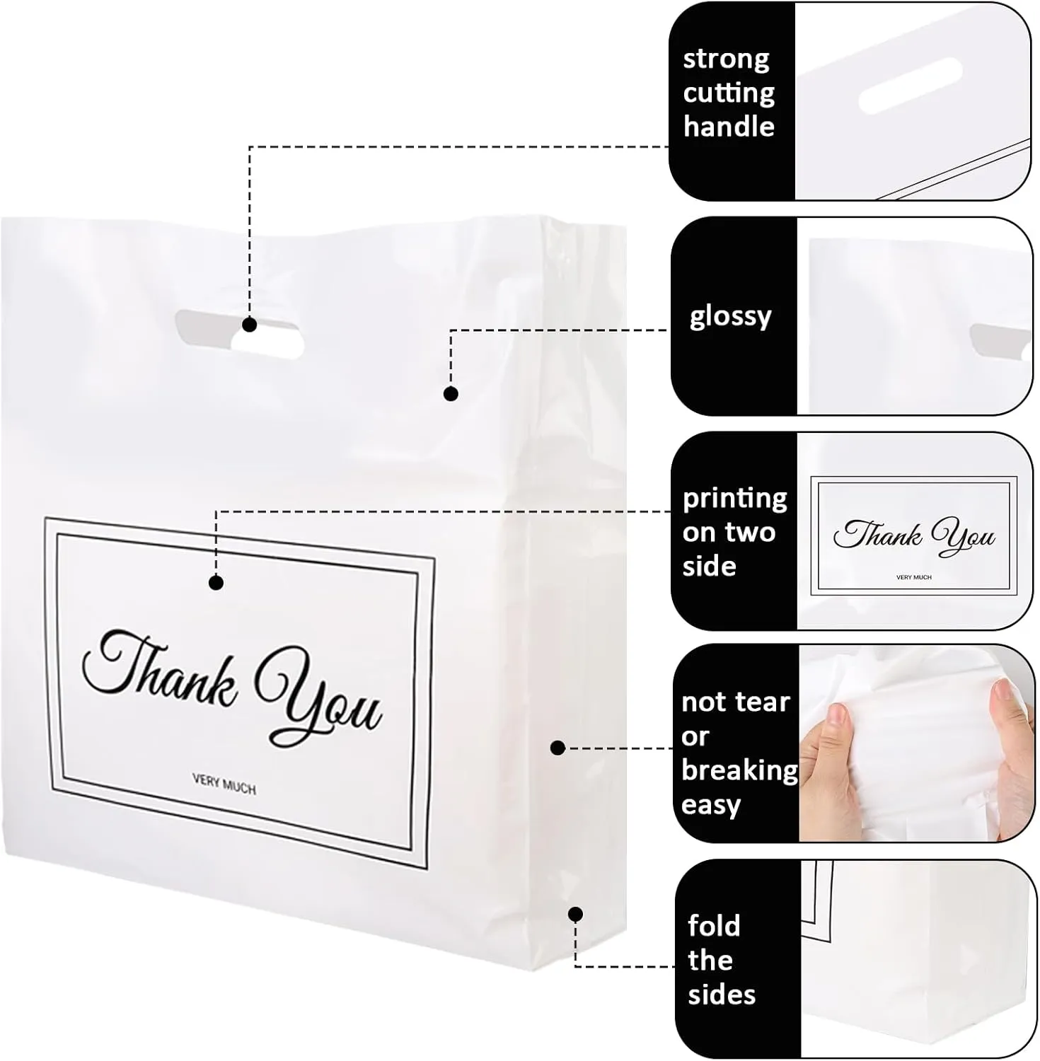 100Pcs 16x18 Inch Thank You Bags for Small Business Plastic Retail Shopping Bags for Stores, Boutique, Party, Gift, Clothes Reusable Plastic Thank You Bags (White, 2.36mil Thickness)