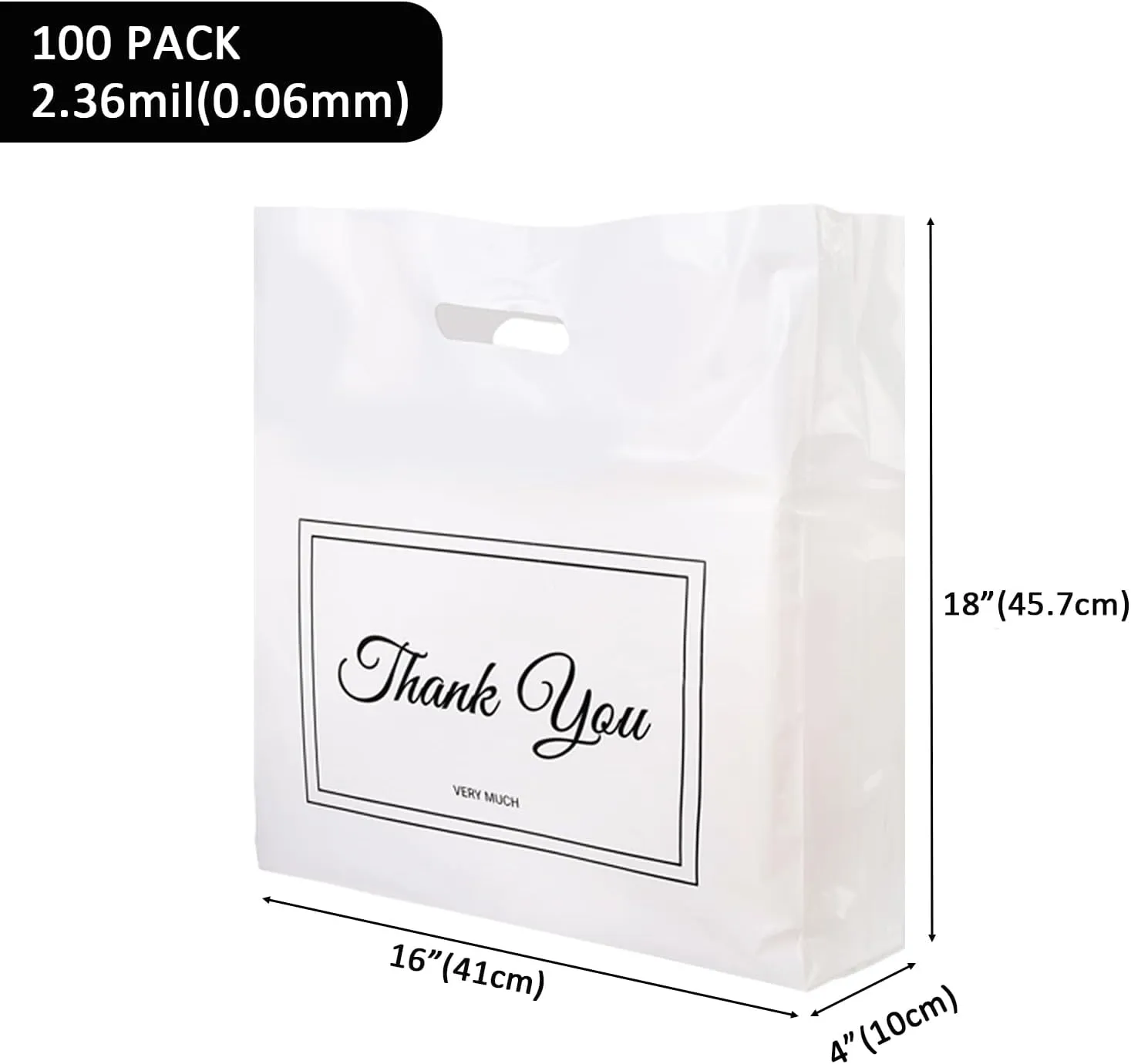 100Pcs 16x18 Inch Thank You Bags for Small Business Plastic Retail Shopping Bags for Stores, Boutique, Party, Gift, Clothes Reusable Plastic Thank You Bags (White, 2.36mil Thickness)