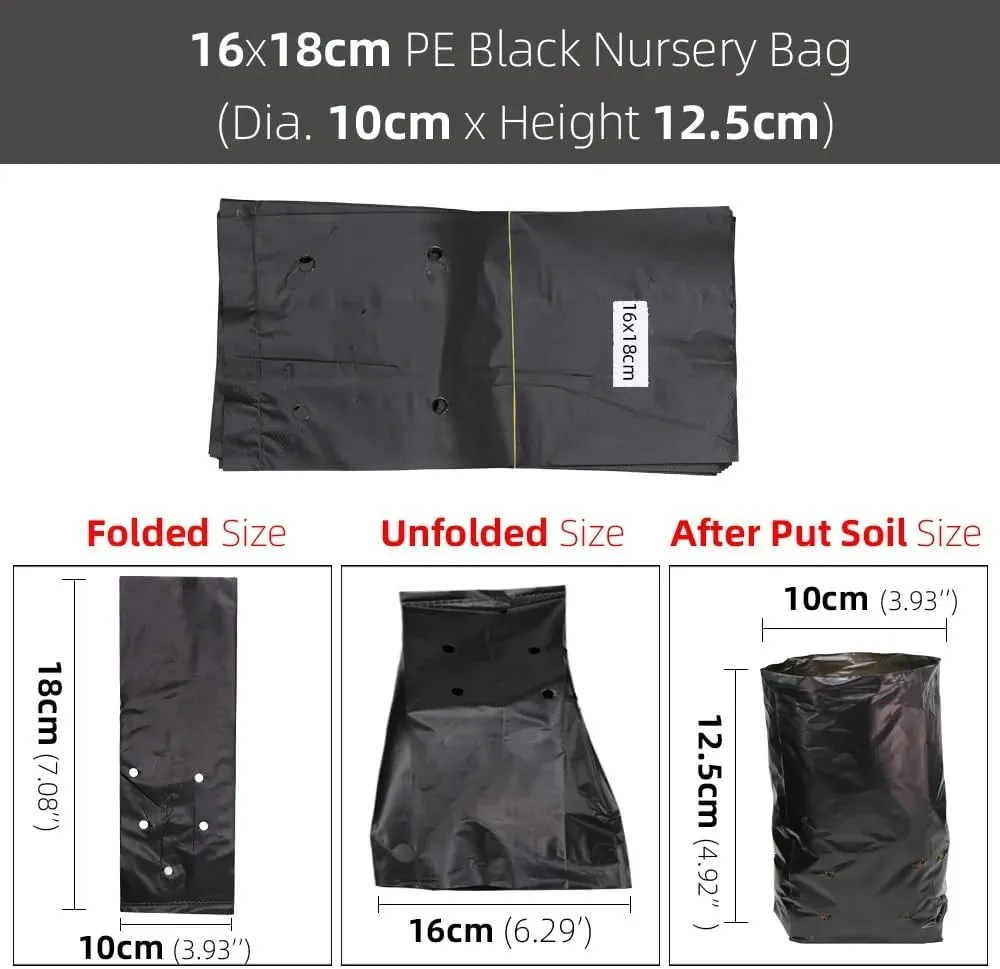 100pcs Black Nursery Grow Bags, Thickened Plastic Nursery Bags, Gardening Seed Plant Bags, Plant Grow Bags with Pores(200pcs,16x18cm)