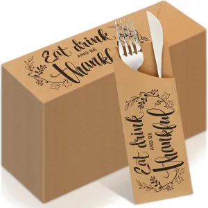 100Pcs Fall Thanksgiving Silverware Bag Eat Drink And Be Thankful Kraft Paper Cutlery Bag Autumn Dinner Utensil Holder for Knife Fork Party Kitchen Tableware Supplies