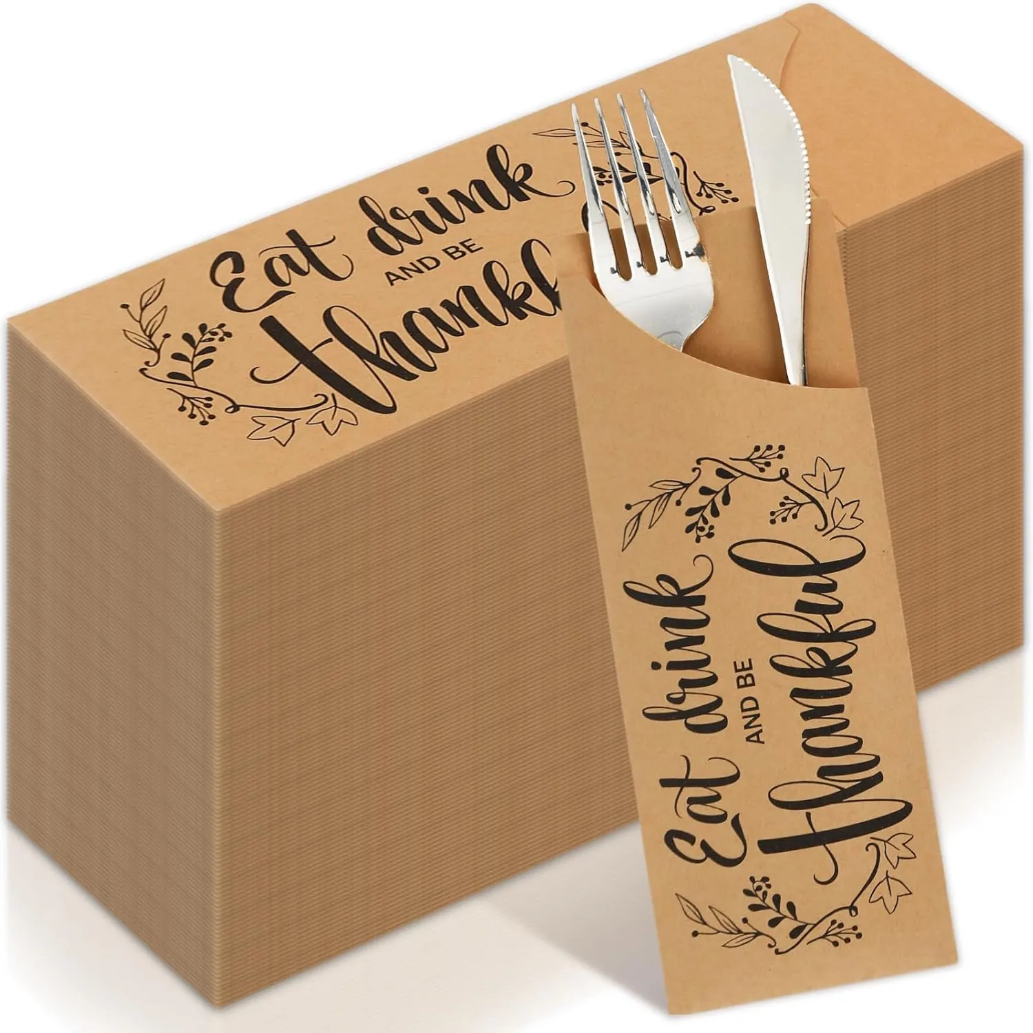 100Pcs Fall Thanksgiving Silverware Bag Eat Drink And Be Thankful Kraft Paper Cutlery Bag Autumn Dinner Utensil Holder for Knife Fork Party Kitchen Tableware Supplies