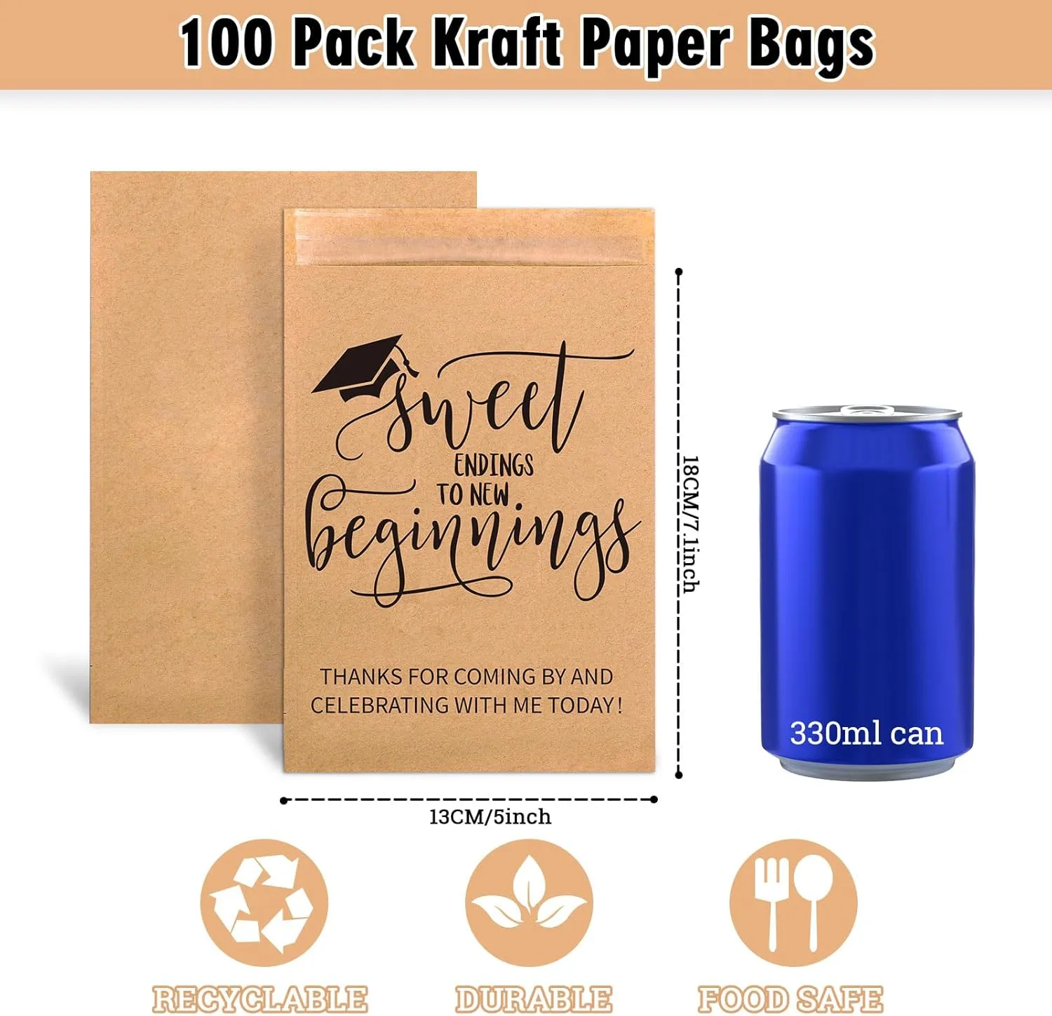 100Pcs Graduation Candy Cookie Treat Bags Sweet Endings to New Beginnings Congrats Grad Self-Adhesive Buffet Treat Kraft Paper Gift Bags for 2025 Class School Party Supplies，5 x 7.1 In