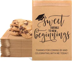 100Pcs Graduation Candy Cookie Treat Bags Sweet Endings to New Beginnings Congrats Grad Self-Adhesive Buffet Treat Kraft Paper Gift Bags for 2025 Class School Party Supplies，5 x 7.1 In