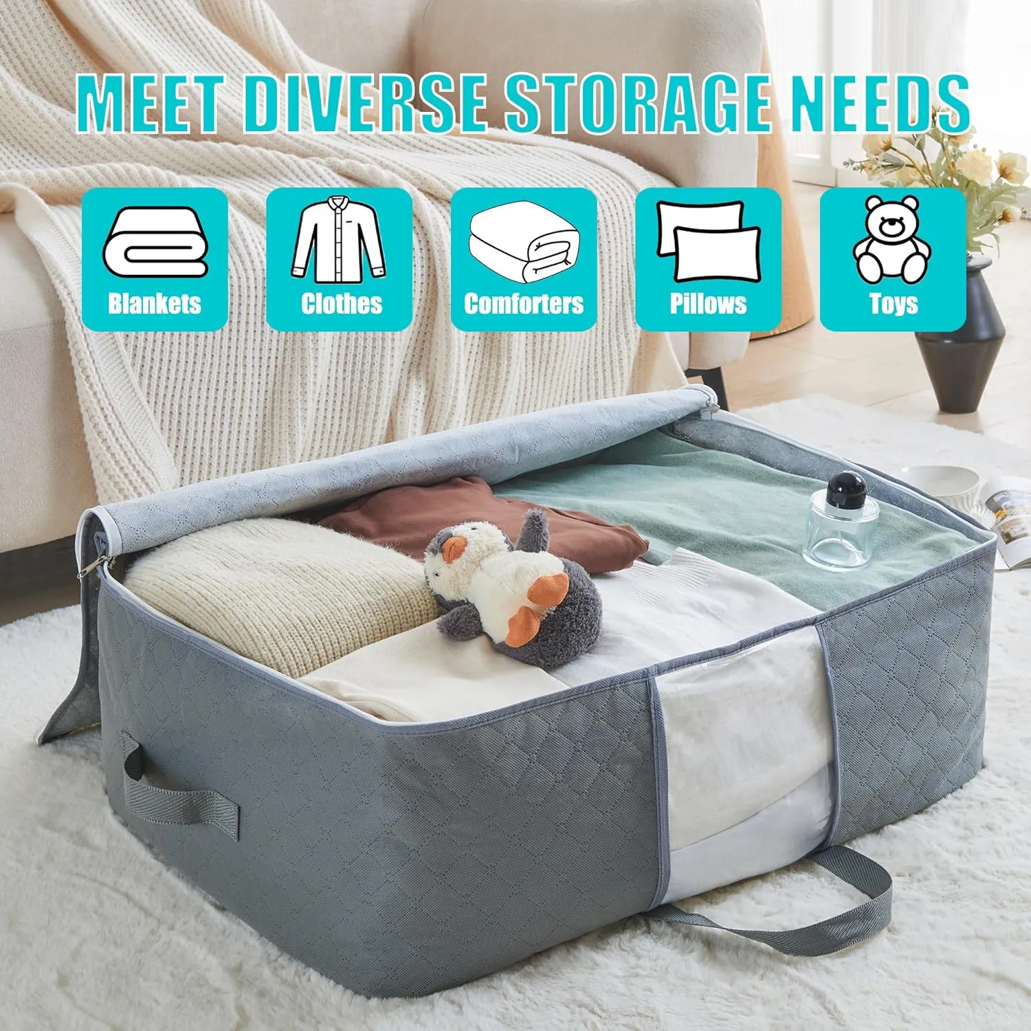 105L Extra Large Storage Bags for Blankets, King Comforters, Bedding, Clothes, Pillows, Sheets - Closet Organizers and Storage with 4 Handles & Clear Window, Foldable & Breathable (Grey, 4pack)