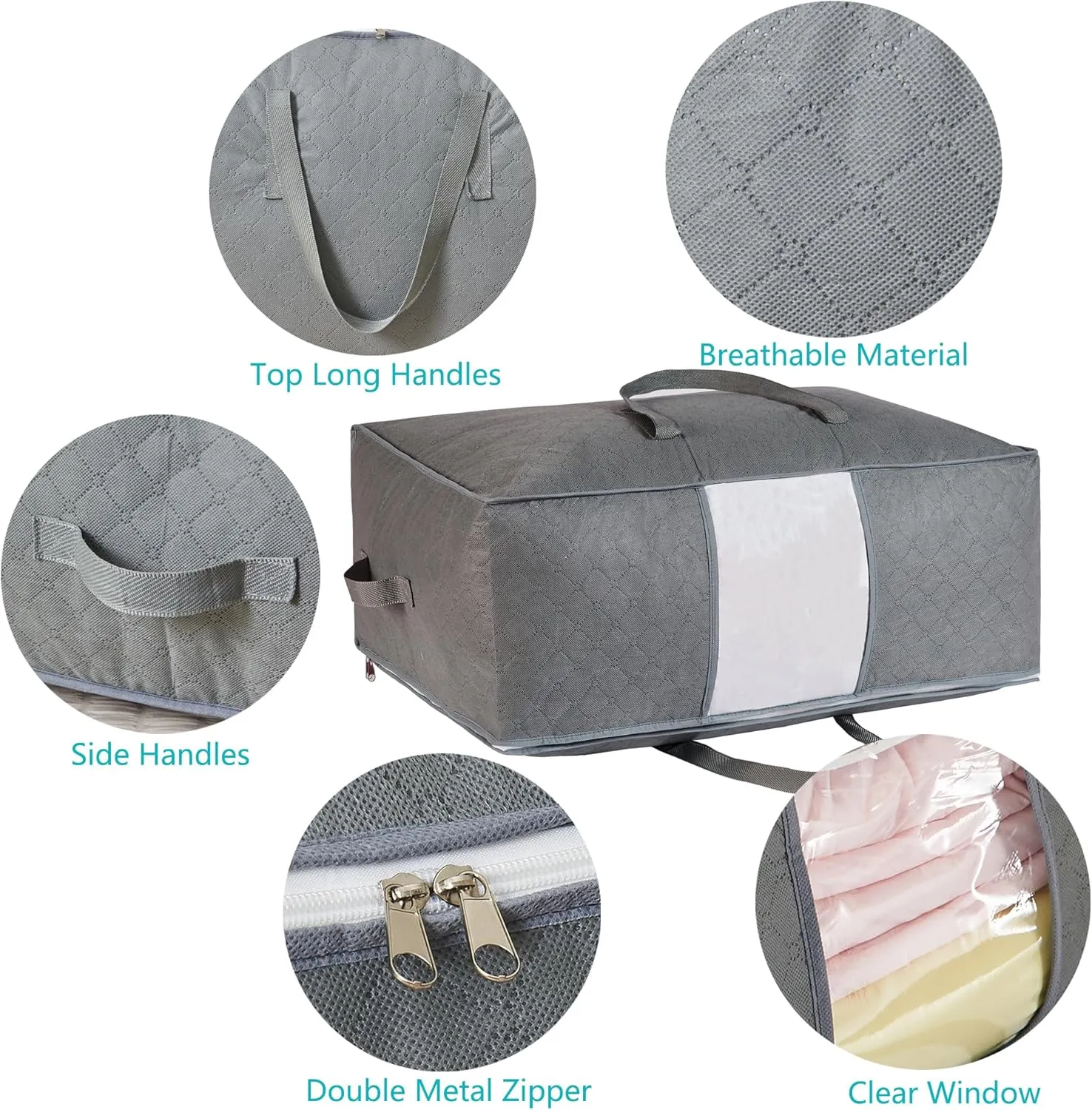 105L Extra Large Storage Bags for Blankets, King Comforters, Bedding, Clothes, Pillows, Sheets - Closet Organizers and Storage with 4 Handles & Clear Window, Foldable & Breathable (Grey, 4pack)