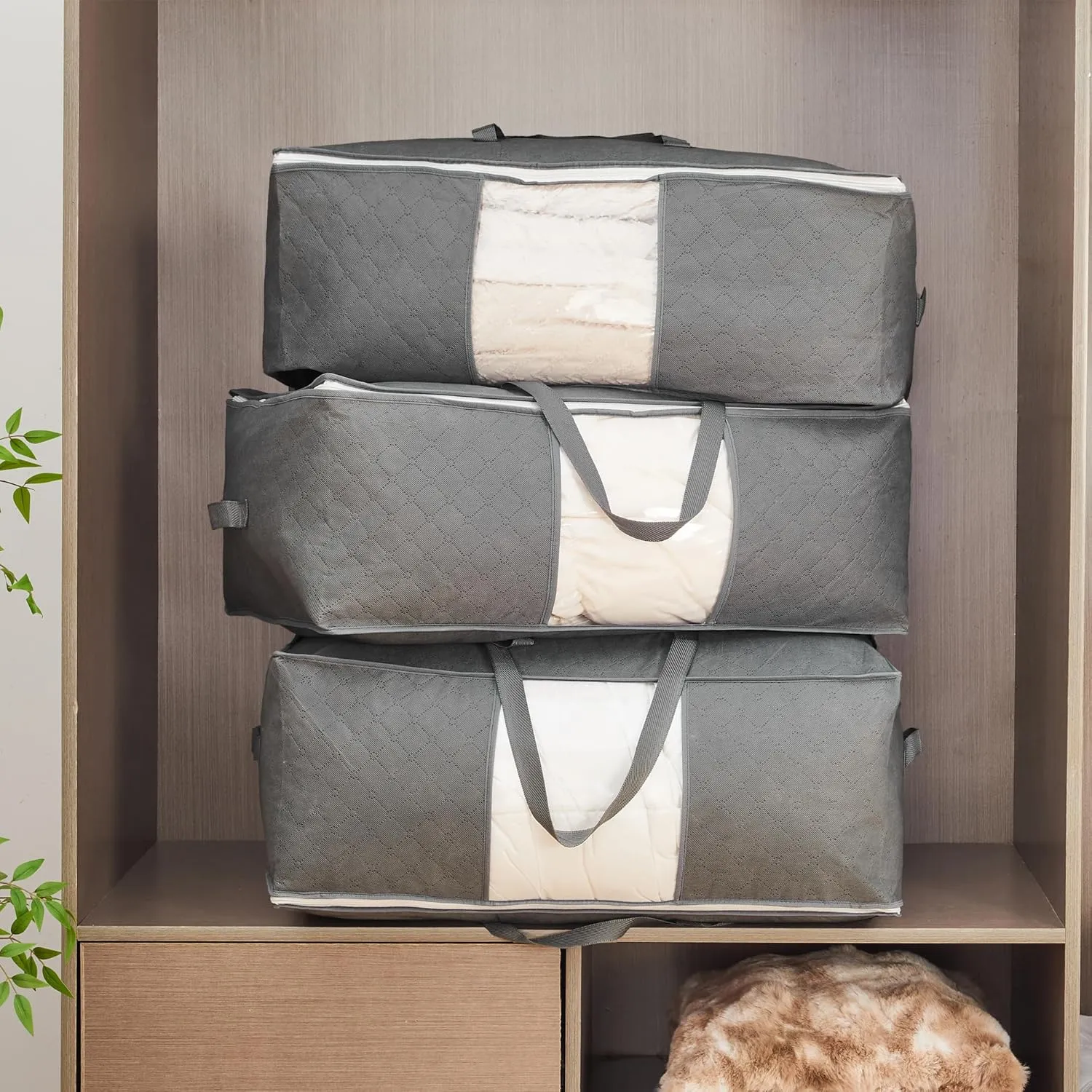 105L Extra Large Storage Bags for Blankets, King Comforters, Bedding, Clothes, Pillows, Sheets - Closet Organizers and Storage with 4 Handles & Clear Window, Foldable & Breathable (Grey, 4pack)